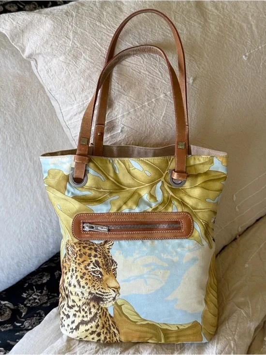 Salvatore Ferragamo Leopard & Leaf Print Canvas Tote in Blue, Gold and Brown - Picture 7 of 10